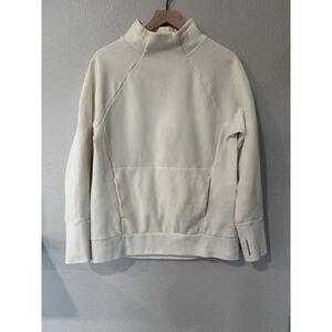 Fabletics Sweatshirt Womens Medium Cream Mock Neck Pullover Kangaroo Pocket